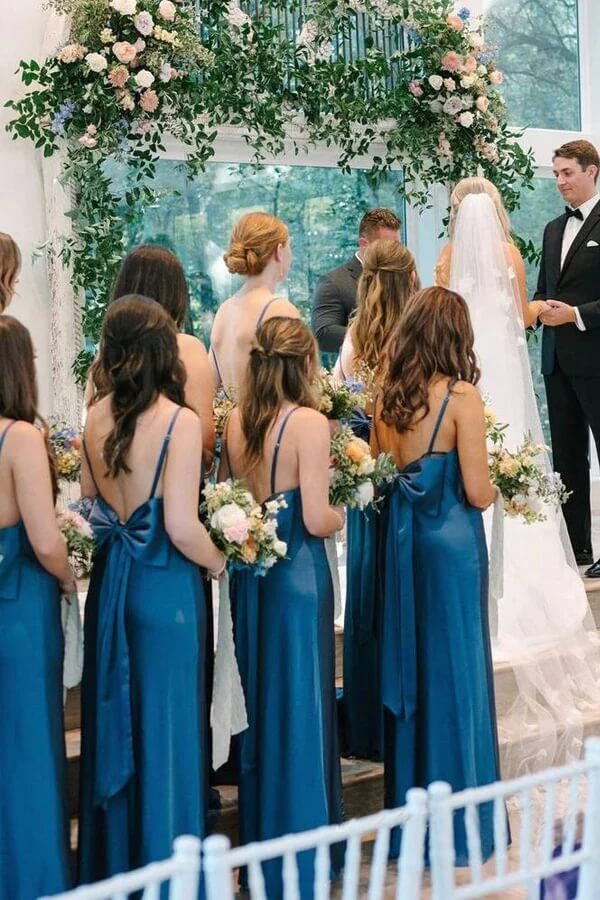 Blue Satin Spaghetti Strap Slit Long Bridesmaid Dresses With Bow