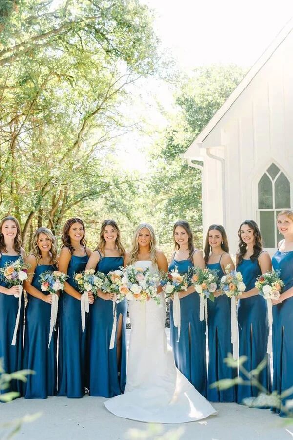 Blue Satin Spaghetti Strap Slit Long Bridesmaid Dresses With Bow