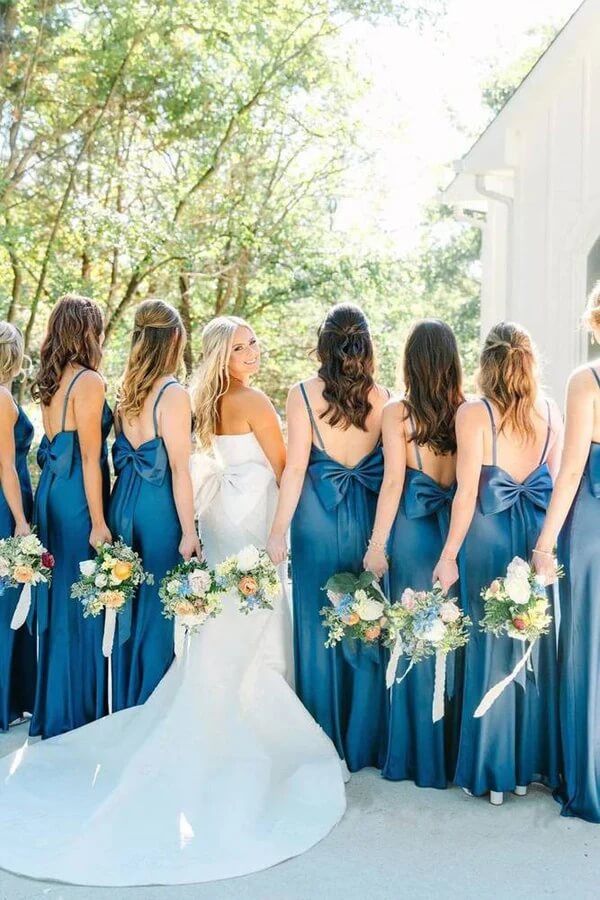 Blue Satin Spaghetti Strap Slit Long Bridesmaid Dresses With Bow