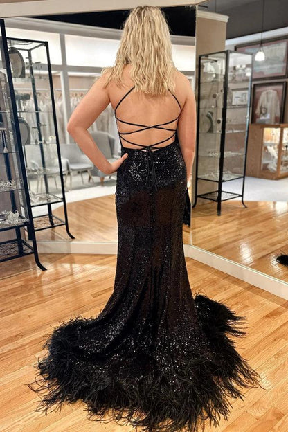 Vestido de fiesta largo de sirena con espalda de plumas y lentejuelas azules brillantes con abertura