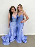 Blue Sequin V Neck Long Mermaid Prom Dress With Train