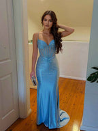 Blue Spaghetti Strap Scattered Rhinestones Corset Prom Dress With Twisted Waist
