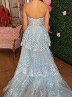 Ice Blue Strapless Sequin Corset Bodice Prom Dress