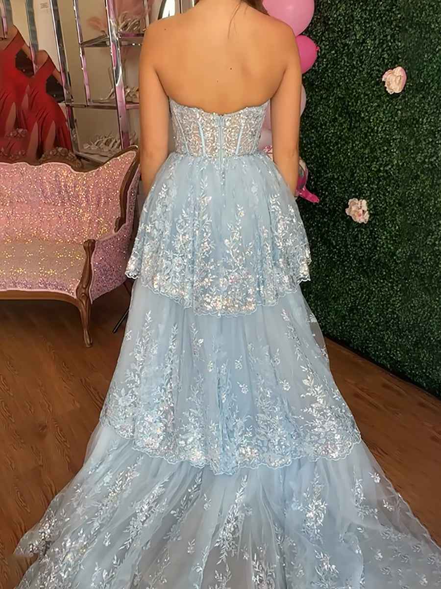 Ice Blue Strapless Sequin Corset Bodice Prom Dress
