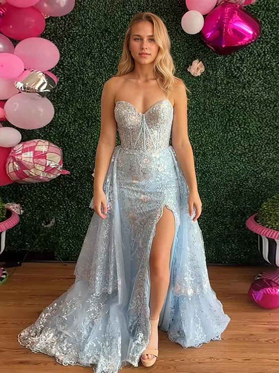 Ice Blue Strapless Sequin Corset Bodice Prom Dress