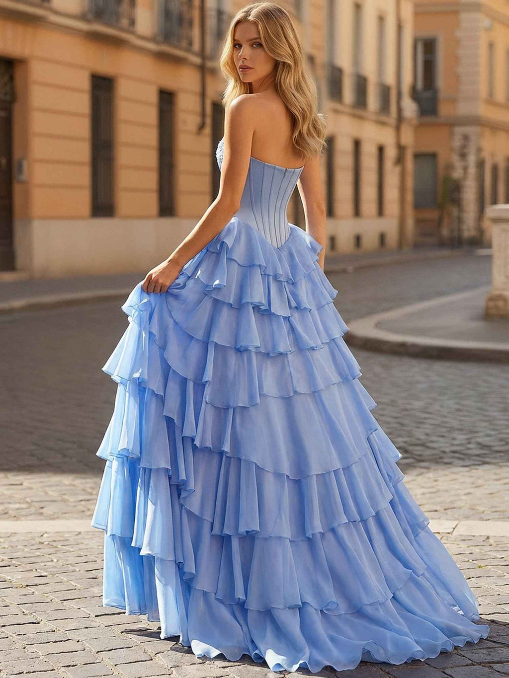 Blue Strapless Corset Prom Dress With Tiered Ruffles And Slit