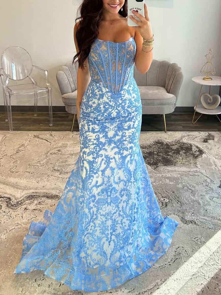 Light Blue Strapless Pearl Beaded Corset Prom Dress With Ruched Bodice