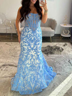 Light Blue Strapless Pearl Beaded Corset Prom Dress With Ruched Bodice