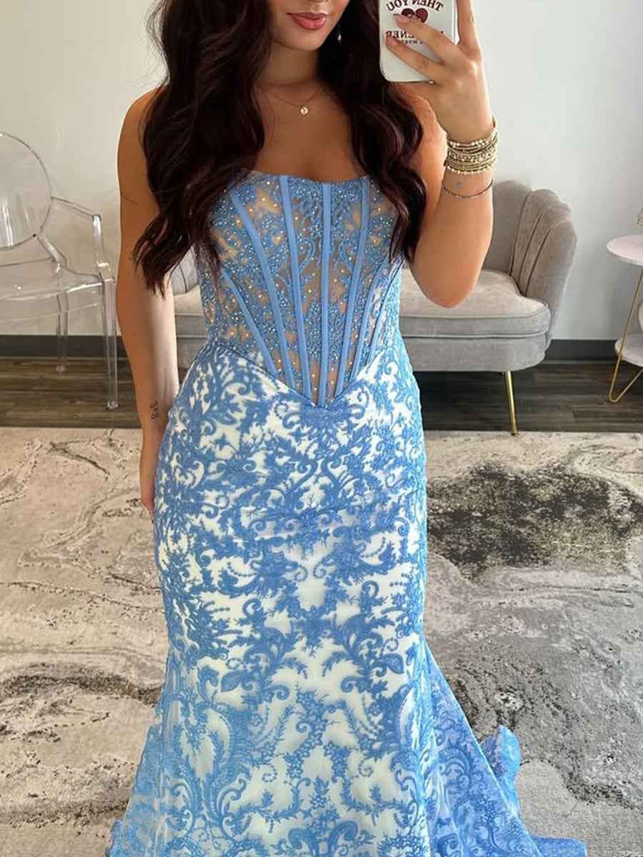 Light Blue Strapless Pearl Beaded Corset Prom Dress With Ruched Bodice