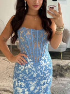 Light Blue Strapless Pearl Beaded Corset Prom Dress With Ruched Bodice