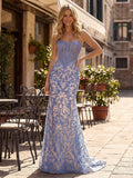 Blue Pearl Beaded Strapless Corset Long Prom Dress With Rhinestone Detail