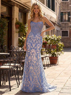 Blue Pearl Beaded Strapless Corset Long Prom Dress With Rhinestone Detail