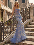Blue Pearl Beaded Strapless Corset Long Prom Dress With Rhinestone Detail