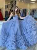 Abiti lunghi formali in tulle blu senza spalline SYP168