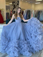 Abiti lunghi formali in tulle blu senza spalline SYP168