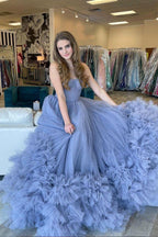 Abiti lunghi formali in tulle blu senza spalline SYP168