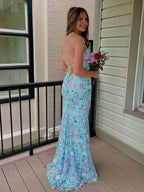 Blue Straps Floral Embroidered Mermaid Long Prom Dress V Neck