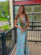 Blue Straps Floral Embroidered Mermaid Long Prom Dress V Neck