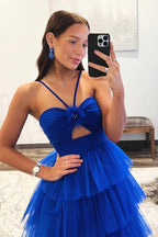 Abito lungo formale a strati di tulle blu Abiti da sera principessa