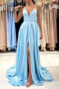 V-Neck Satin Long Prom Dress Simple A-Line Evening Dress