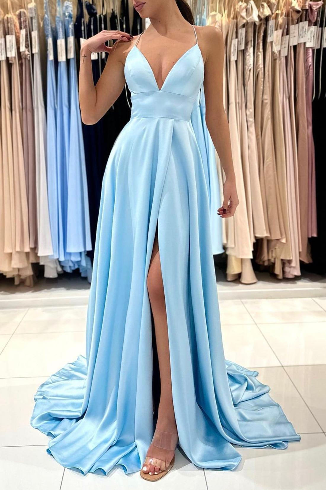 V-Neck Satin Long Prom Dress Simple A-Line Evening Dress