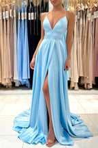 V-Neck Satin Long Prom Dress Simple A-Line Evening Dress
