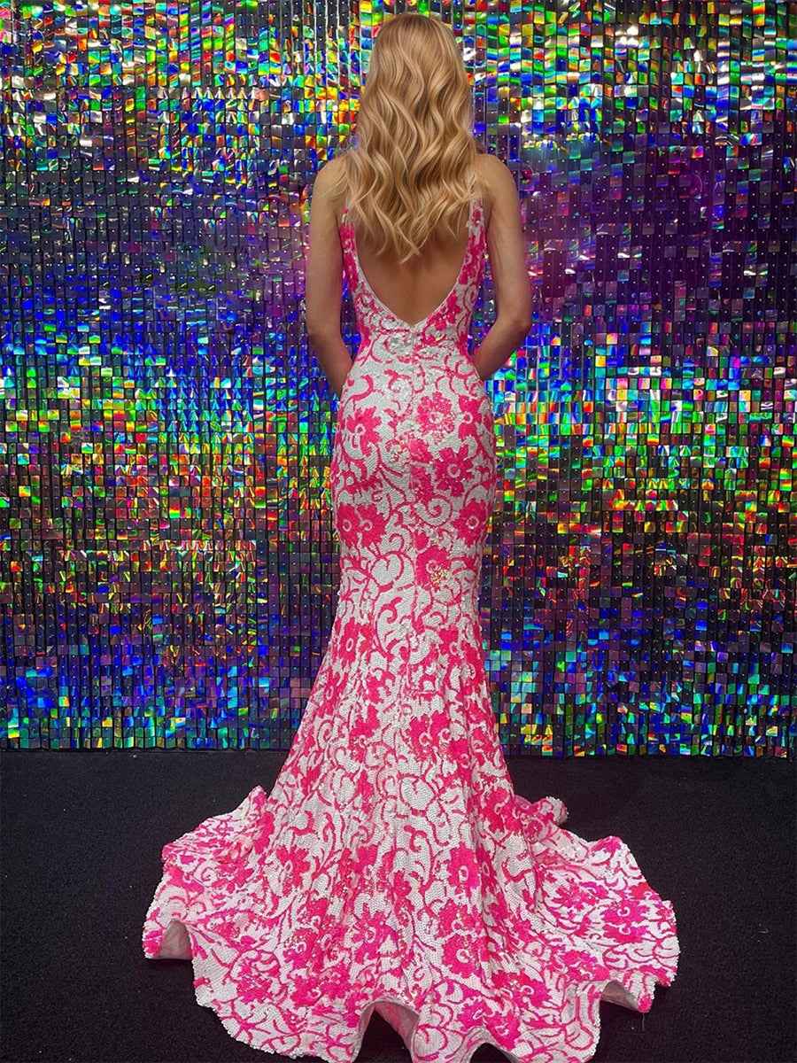 Pink And White Sequin Lace Mermaid Long Prom Dress