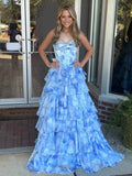 Blue Tiered Ruffled Corset Prom Dress With Crystal Sweetheart Neckline