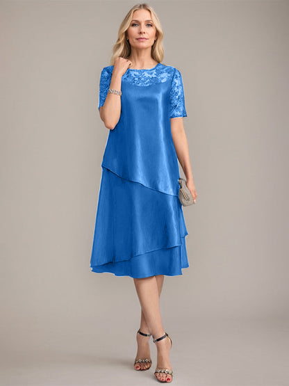 A-Linie, U-Ausschnitt, knielanges Kleid für die Brautmutter mit Applikationen und Pailletten 