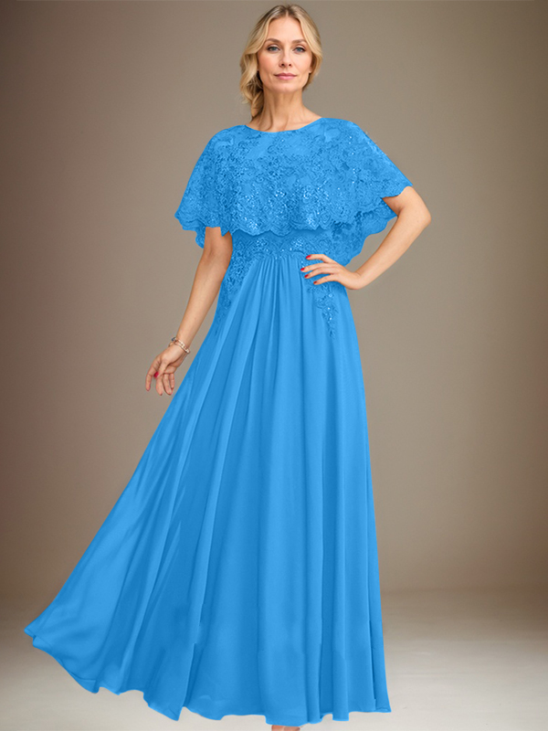 Robe de mère de la mariée en mousseline de soie à dentelle, longueur au sol, en ligne A, col bateau, ornée d'appliques à paillettes