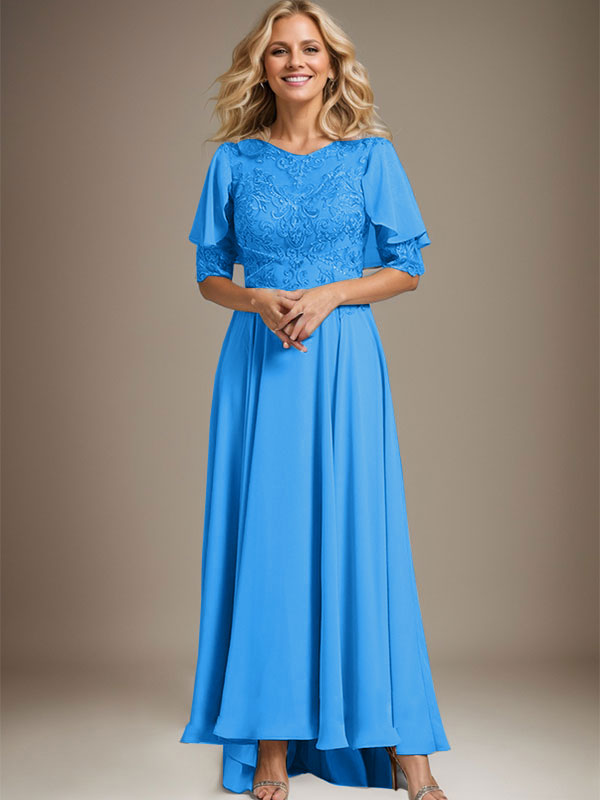 Robe de mère de la mariée en mousseline et dentelle asymétrique à encolure dégagée en ligne A avec perles