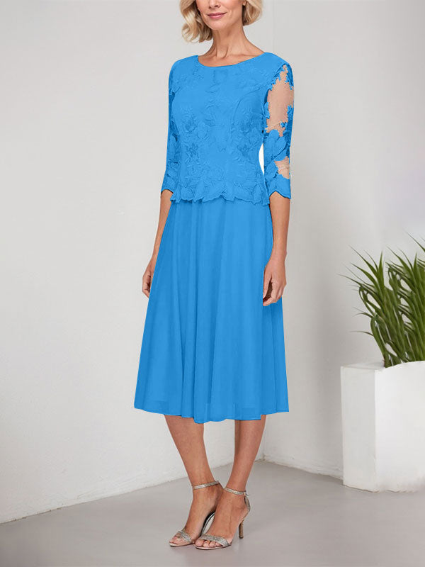 A-Linie U-Ausschnitt Wadenlang Spitzen Chiffon Mutter der Braut Kleid mit Stickerei 