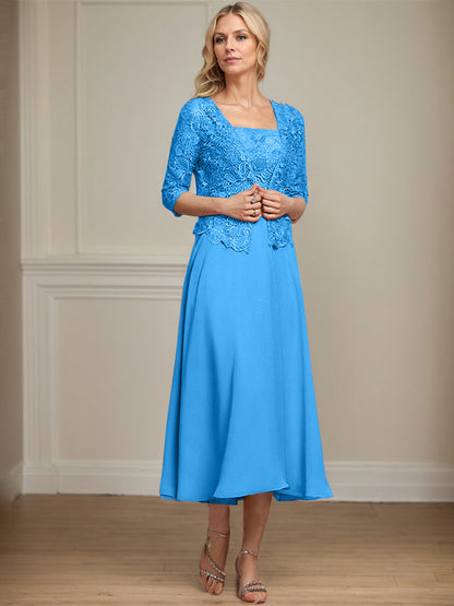 A-Linie Quadratisches Wadenlanges Chiffon-Spitzenkleid für die Brautmutter mit Pailletten und Perlen 