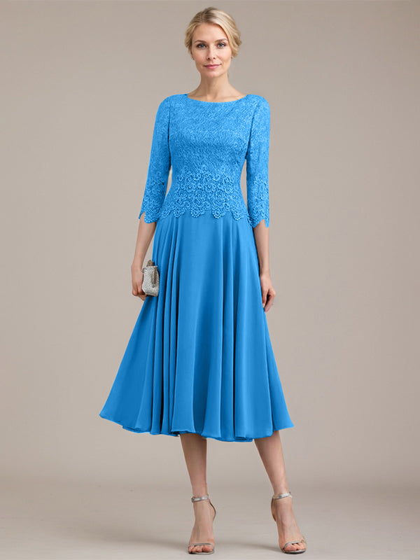A-Linie U-Ausschnitt Wadenlang Chiffon-Kleid für die Brautmutter 