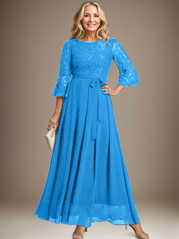 Robe de mère de la mariée en mousseline de soie à dentelle, longueur cheville, en forme trapèze avec encolure dégagée et nœud