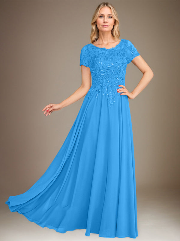 Robe de mère de la mariée en mousseline, longueur au sol, coupe en A, décolleté arrondi, ornée d'appliques et de paillettes