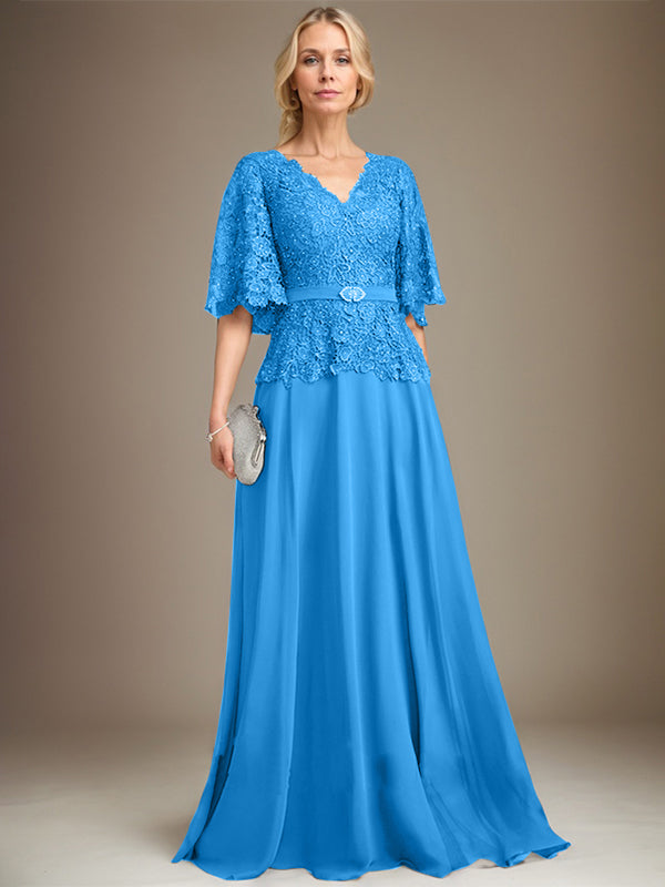 A-Linie V-Ausschnitt Bodenlang Chiffon Spitze Mutter der Braut Kleid Mit Kristall Brosche Strass 