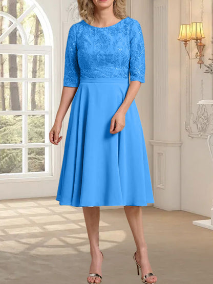 A-Linie U-Ausschnitt Knielang Chiffon Spitzenkleid für die Brautmutter