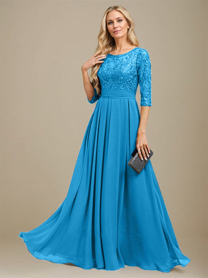 A-Linie U-Ausschnitt Bodenlang Spitzen-Chiffon-Kleid für die Brautmutter mit Paillettenapplikation 