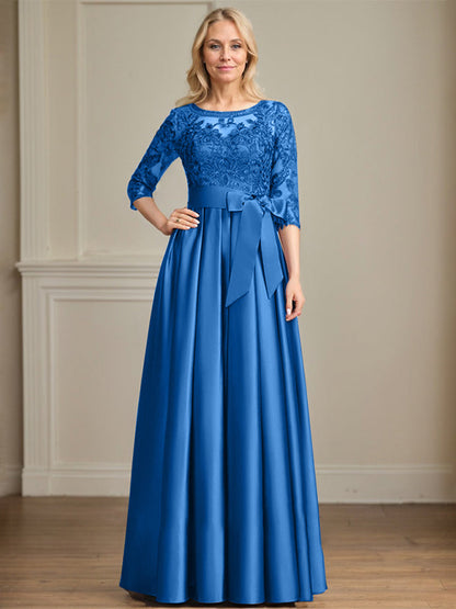 A-Linie, U-Ausschnitt, Illusion, bodenlanges Satin-Spitzenkleid für die Brautmutter mit Paillettenschleife 