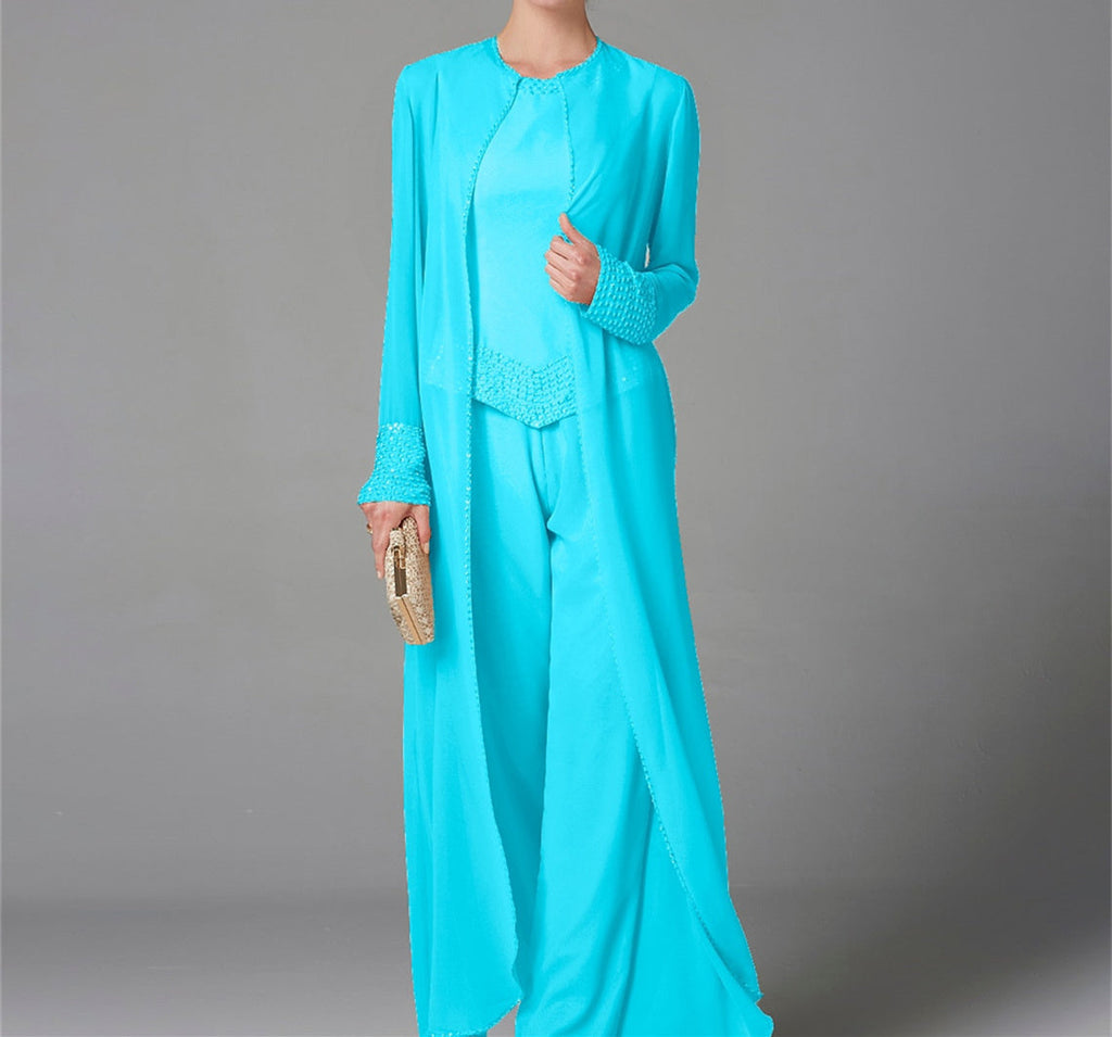 Mother Of The Bride Pantsuit With Jacket And Sequins Long Sleeve Chiffon