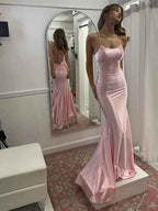 Pink Mermaid Satin Prom Dress With Spaghetti Straps And Lace Up Back