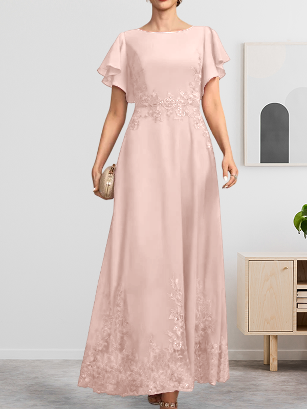 Robe de mère de la mariée en mousseline de soie à dentelle, longueur cheville, en forme trapèze avec décolleté arrondi et paillettes