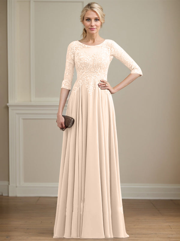 A-Linie, U-Ausschnitt, Illusion, bodenlanges Spitzen-Chiffon-Kleid für die Brautmutter mit Pailletten 