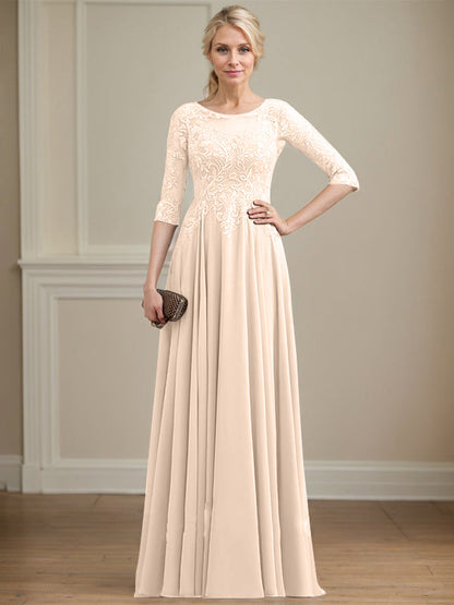 A-Linie, U-Ausschnitt, Illusion, bodenlanges Spitzen-Chiffon-Kleid für die Brautmutter mit Pailletten 
