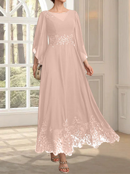 A-Linie, U-Ausschnitt, Illusion, knöchellang, Spitzen-Chiffon, Kleid für die Brautmutter mit Pailletten 