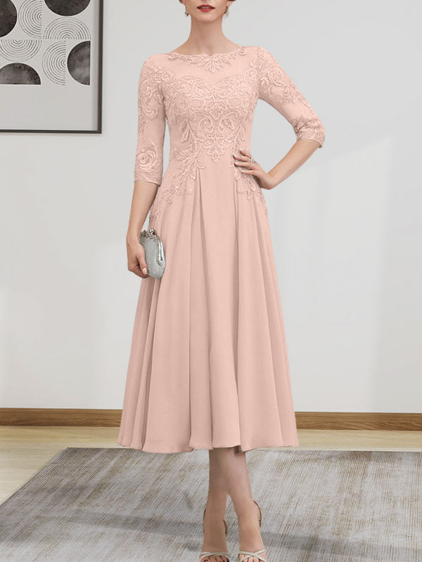 A-Linie, U-Ausschnitt, Illusion, knielang, Chiffon, Spitze, Kleid für die Brautmutter mit Perlen und Pailletten