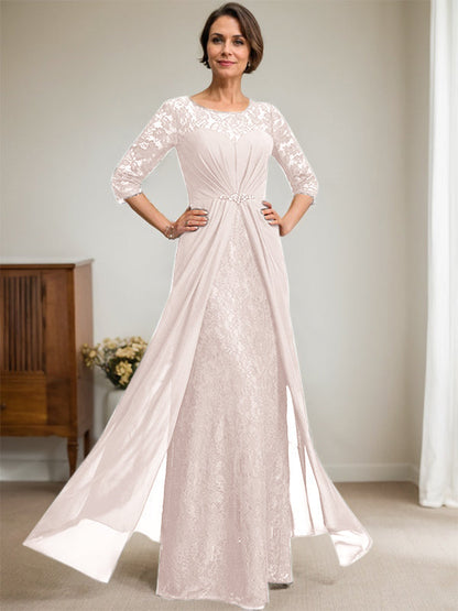 A-Linie U-Ausschnitt Illusion Bodenlang Spitzen Chiffon Mutter der Braut Kleid mit Perlenbesatz Rüschen 