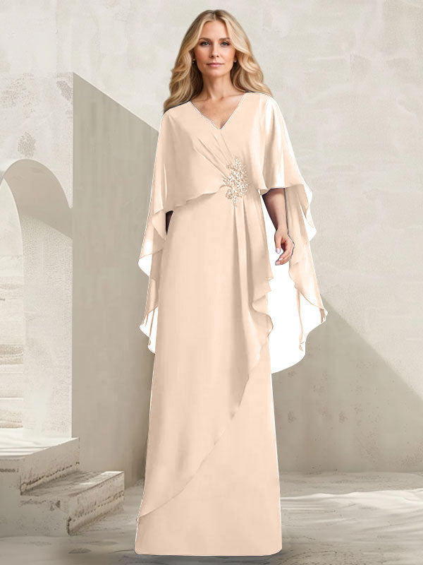 A-line V-Neck Floor-Length Chiffon Mother of the Bride Dress With Cascading Ruffles Beading