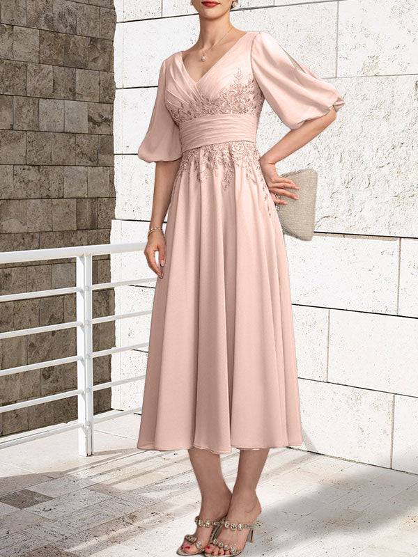A-Linie V-Ausschnitt Wadenlanges Chiffon-Kleid für die Brautmutter mit Plissee